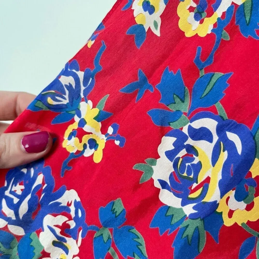 VTG Floral Silk Scarf Red Blue Yellow Long Skinny 11” x 54”